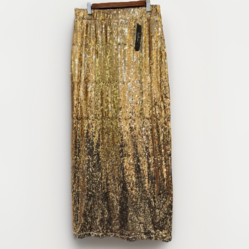 NWT Gold Sequin Sparkly Maxi Skirt Lulus Size L Stretch Waist